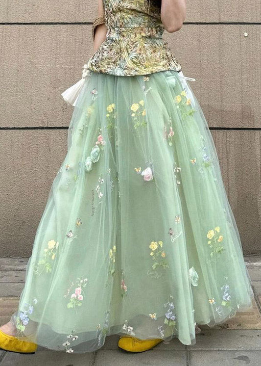 French Green Floral Elastic Waist Tulle Maxi Skirts Summer