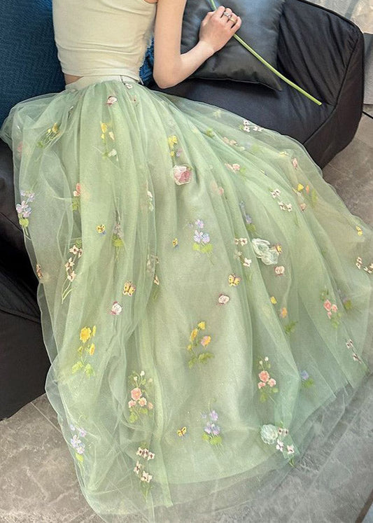 French Green Floral Elastic Waist Tulle Maxi Skirts Summer