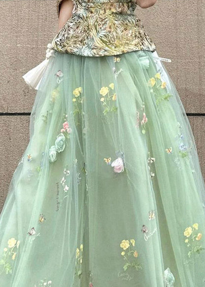 French Green Floral Elastic Waist Tulle Maxi Skirts Summer