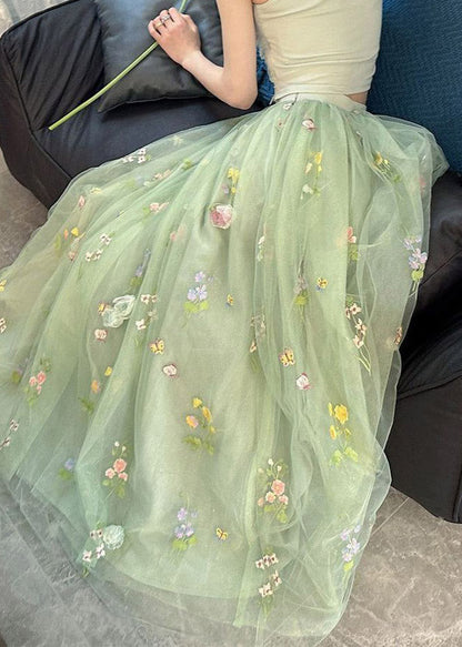 French Green Floral Elastic Waist Tulle Maxi Skirts Summer