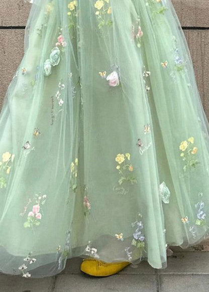 French Green Floral Elastic Waist Tulle Maxi Skirts Summer