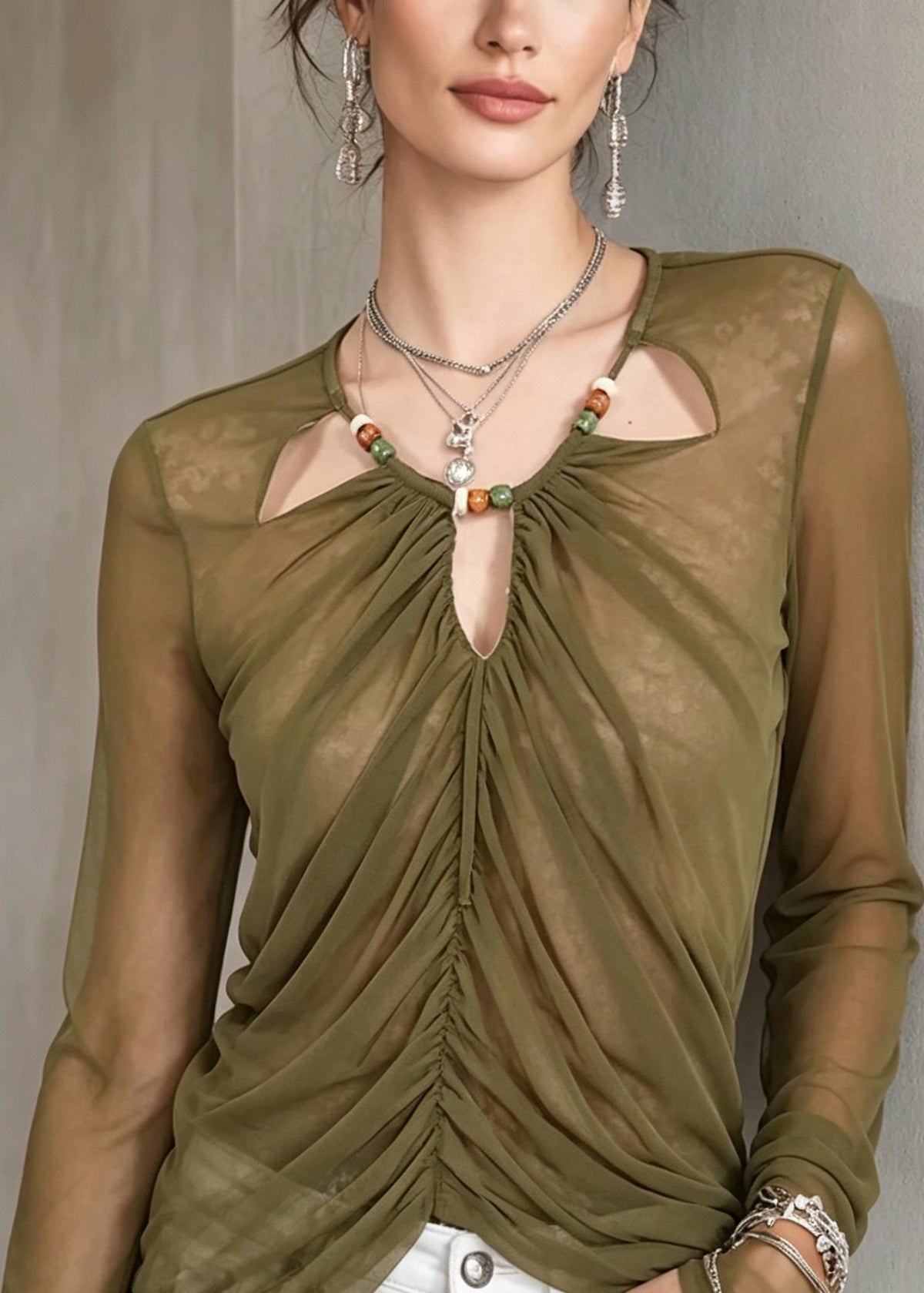 French Green Hollow Out Wrinkled Patchwork Tulle T Shirt Fall