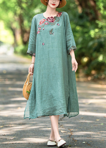 French Green O Neck Embroidered Side Open Linen Dress Bracelet Sleeve