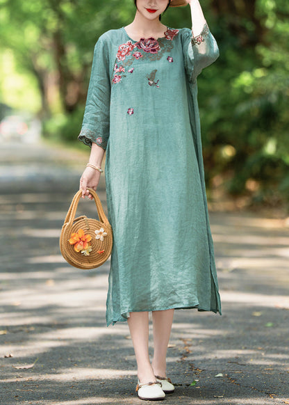 French Green O Neck Embroidered Side Open Linen Dress Bracelet Sleeve