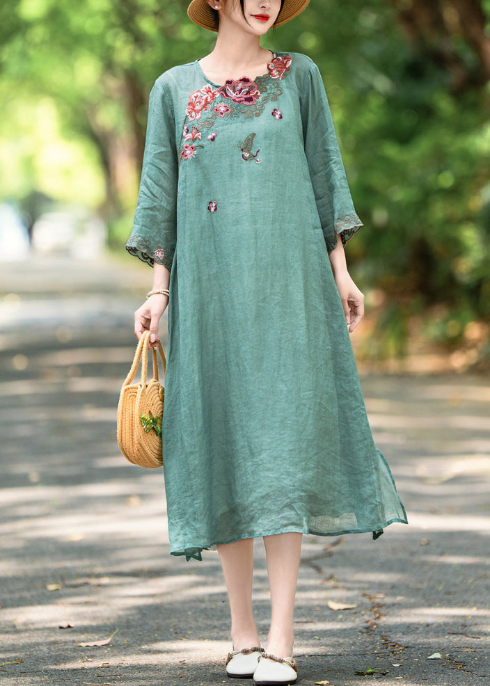 French Green O Neck Embroidered Side Open Linen Dress Bracelet Sleeve