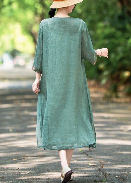 French Green O Neck Embroidered Side Open Linen Dress Bracelet Sleeve