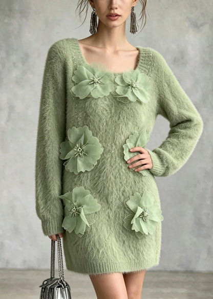 French Green O Neck Floral Zircon Mink Hair Knitted Sweater Fall