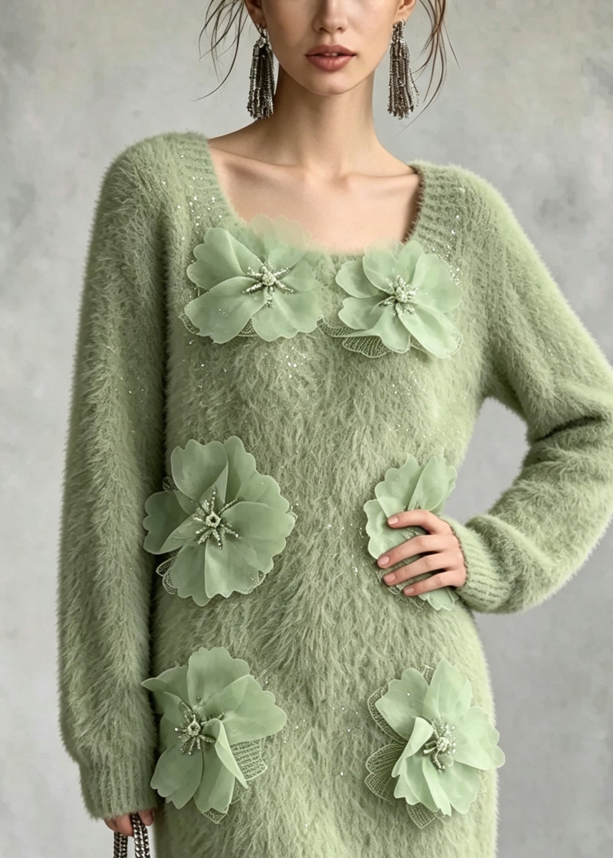 French Green O Neck Floral Zircon Mink Hair Knitted Sweater Fall