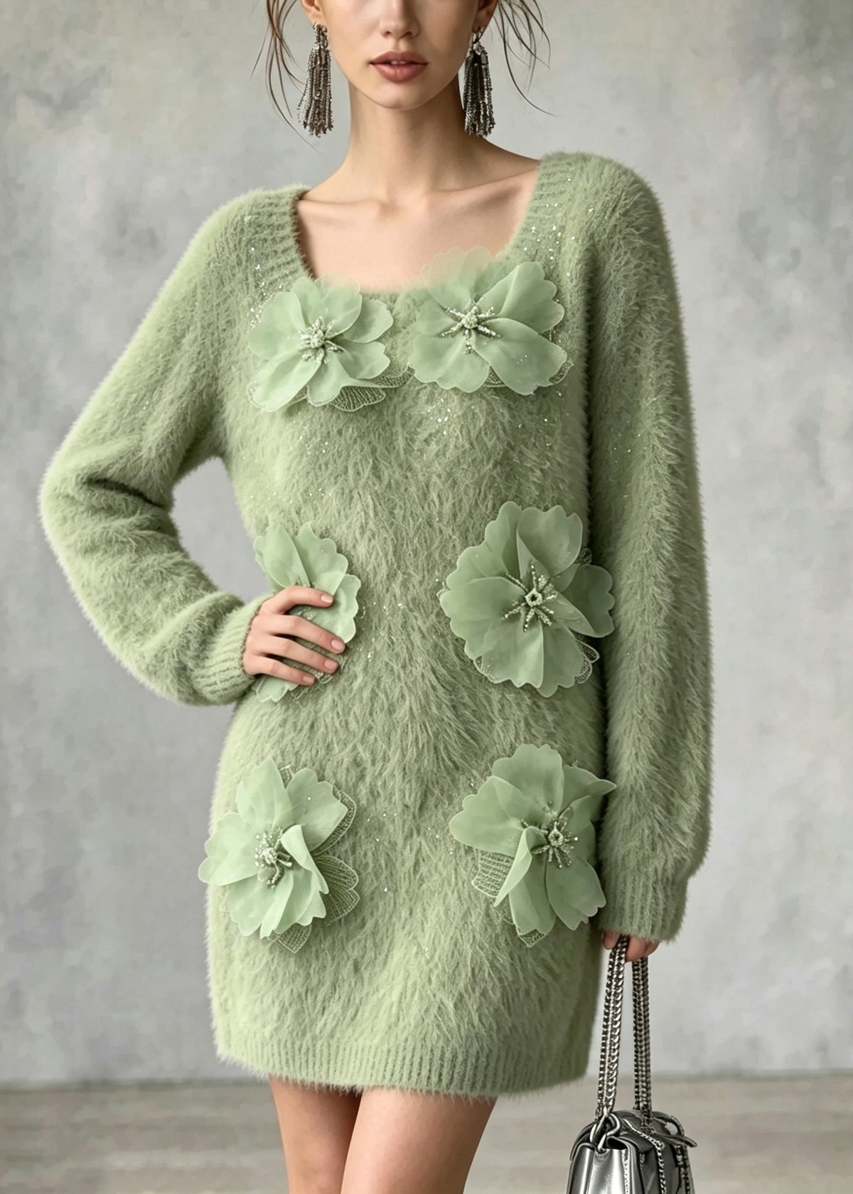 French Green O Neck Floral Zircon Mink Hair Knitted Sweater Fall