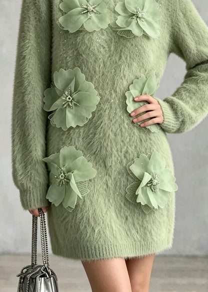 French Green O Neck Floral Zircon Mink Hair Knitted Sweater Fall