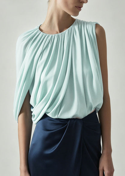 French Green O Neck Wrinkled Chiffon Top Summer