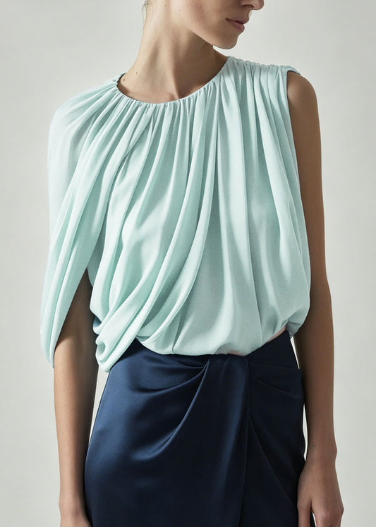 French Green O Neck Wrinkled Chiffon Top Summer