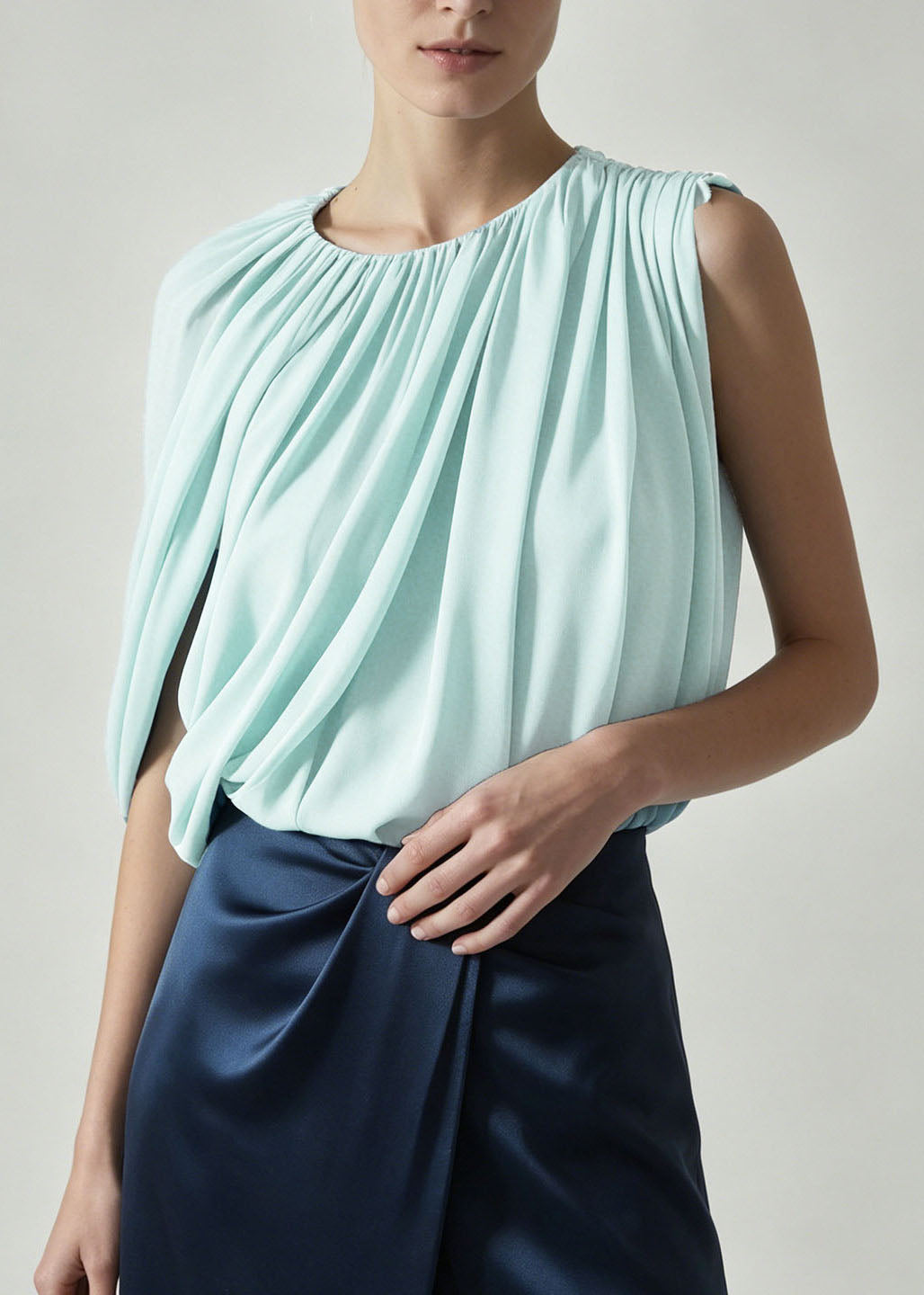 French Green O Neck Wrinkled Chiffon Top Summer