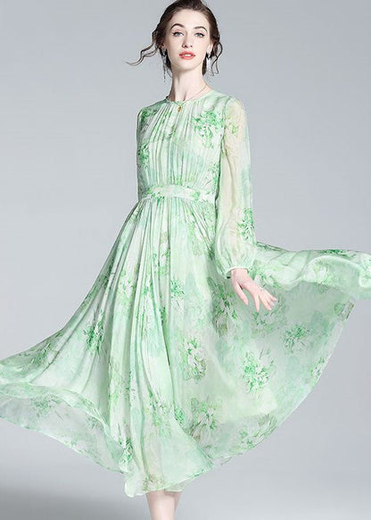 French Green O Neck Wrinkled Patchwork Silk Dresses Summer