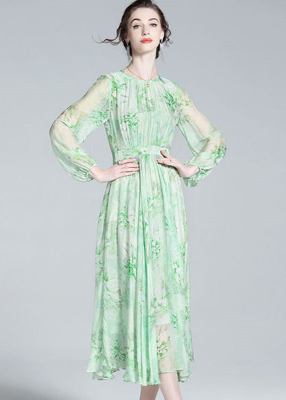 French Green O Neck Wrinkled Patchwork Silk Dresses Summer