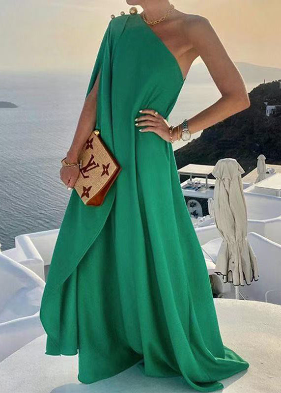French Green One Shoulder Oversized Cotton Party Dress