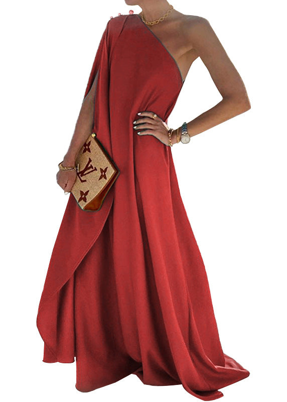 French Green One Shoulder Oversized Cotton Party Dress