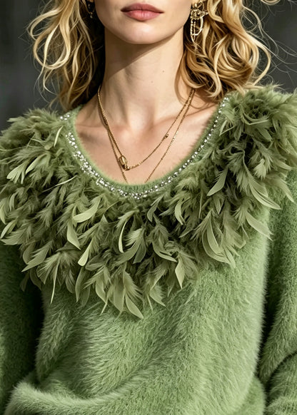 French Green Oversized Feathers Knit Sweater Tops Winter