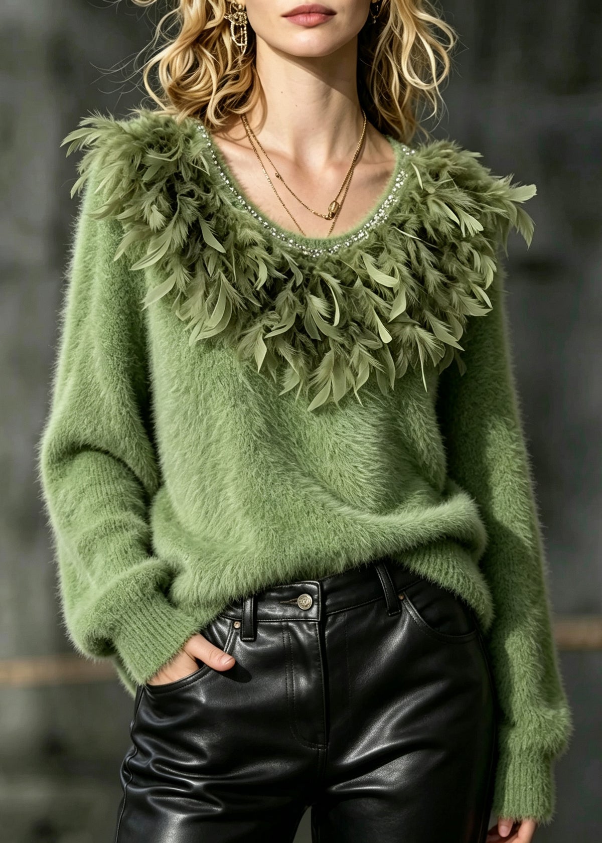 French Green Oversized Feathers Knit Sweater Tops Winter
