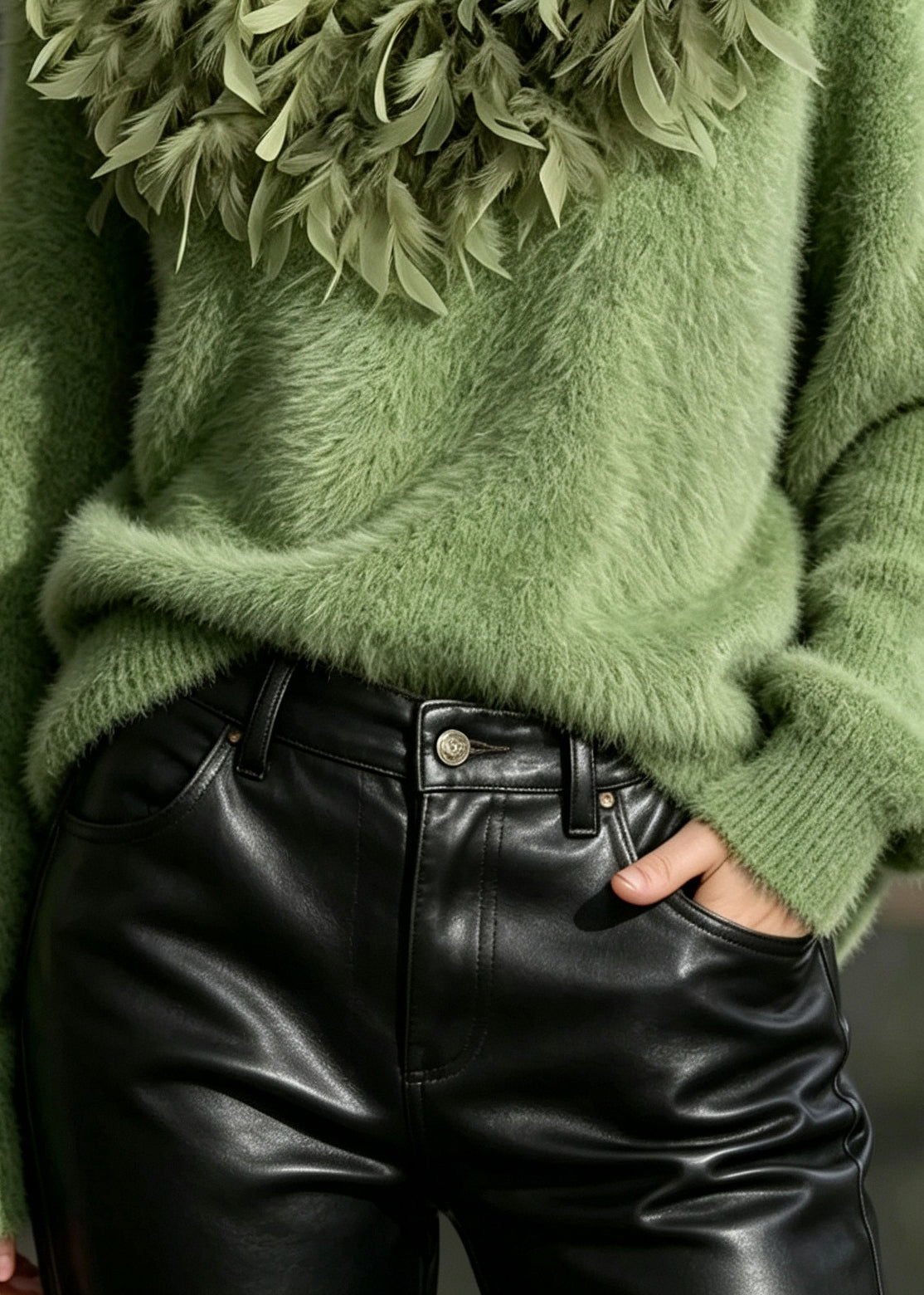 French Green Oversized Feathers Knit Sweater Tops Winter