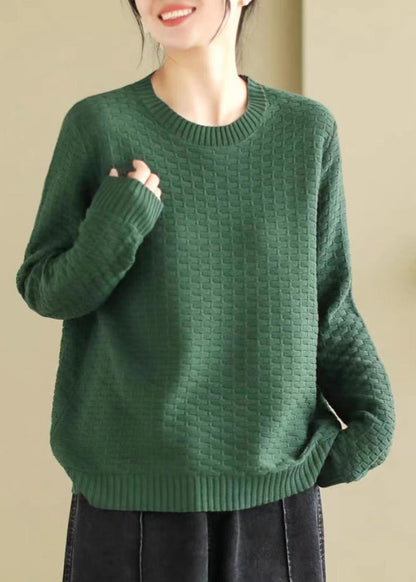 French Green Oversized Plaid Knitted Tops Spring