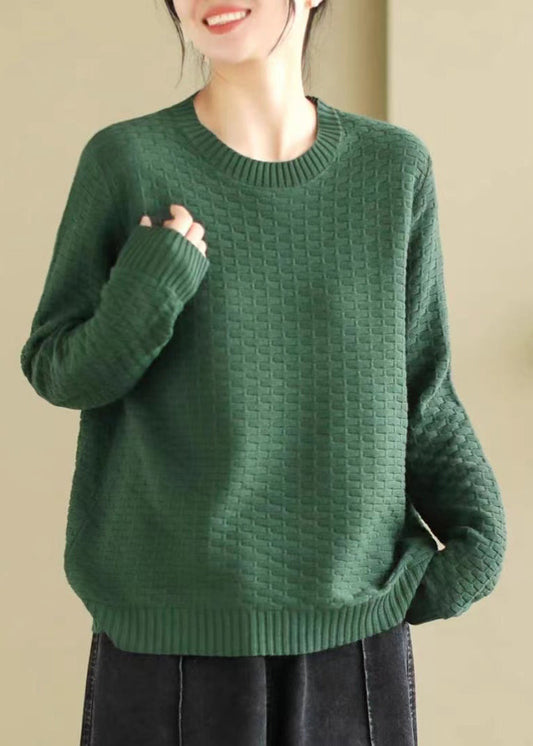 French Green Oversized Plaid Knitted Tops Spring