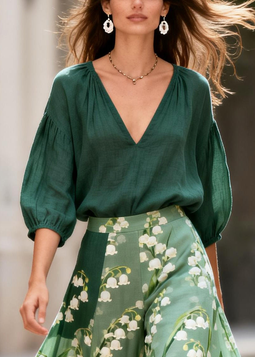 French Green Oversized Print Cotton Two Pieces Set Summer