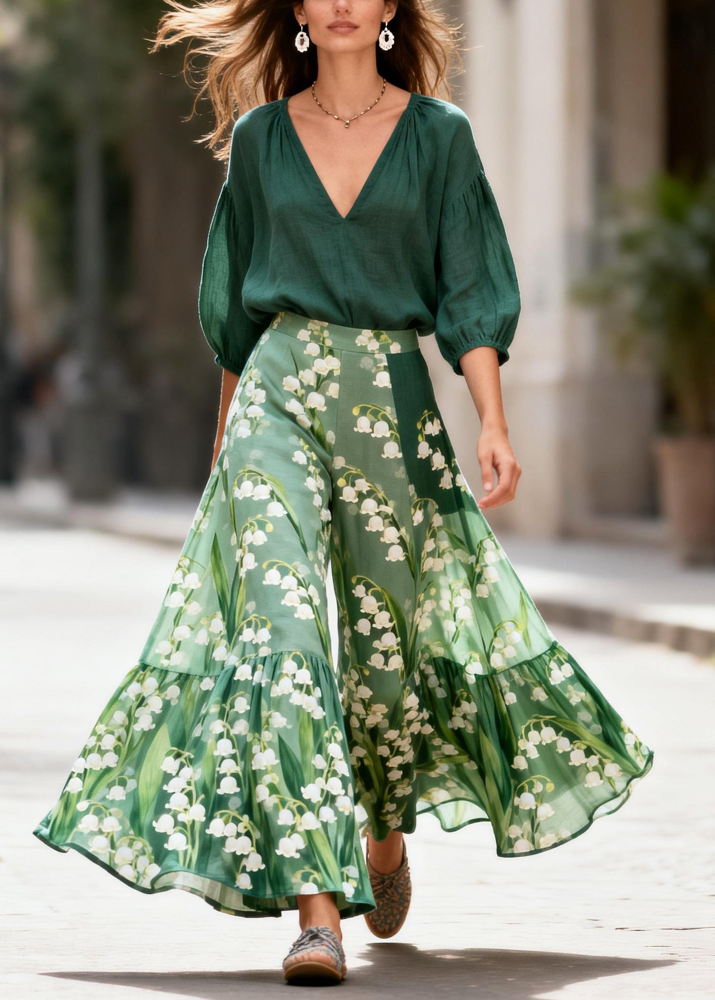 French Green Oversized Print Cotton Two Pieces Set Summer