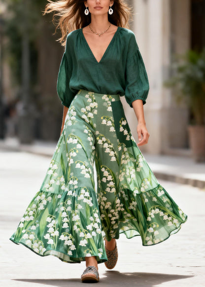 French Green Oversized Print Cotton Two Pieces Set Summer