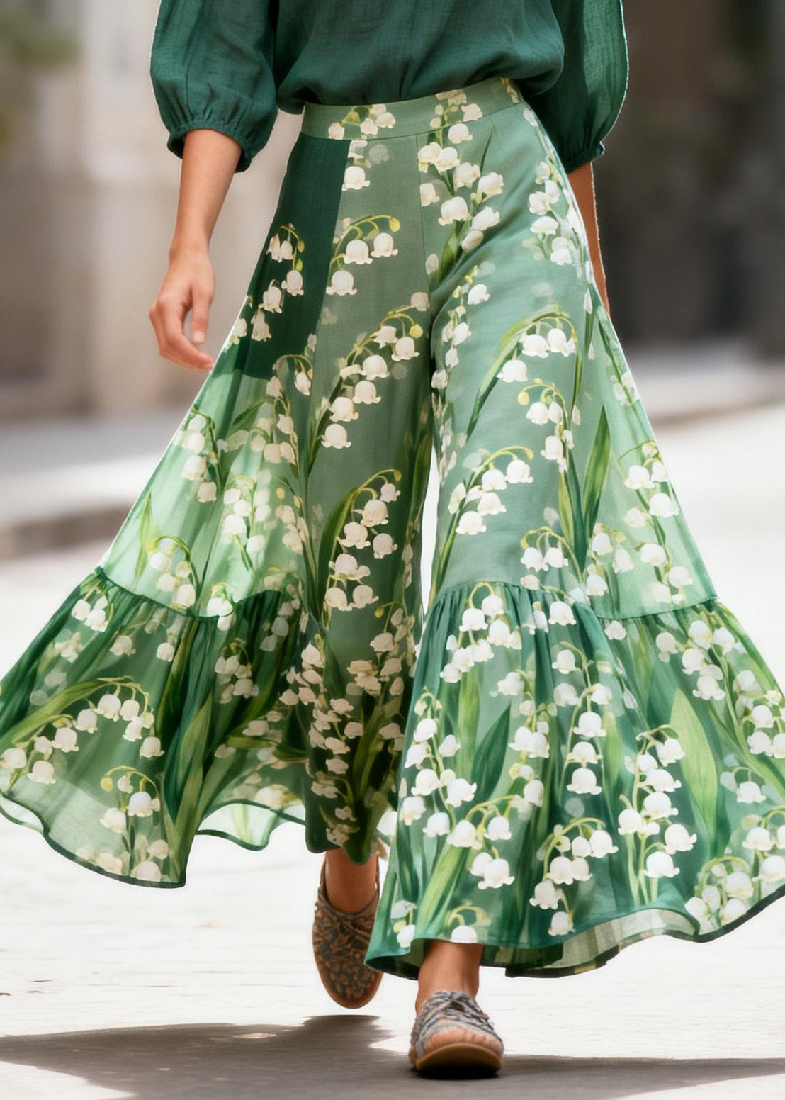 French Green Oversized Print Cotton Two Pieces Set Summer