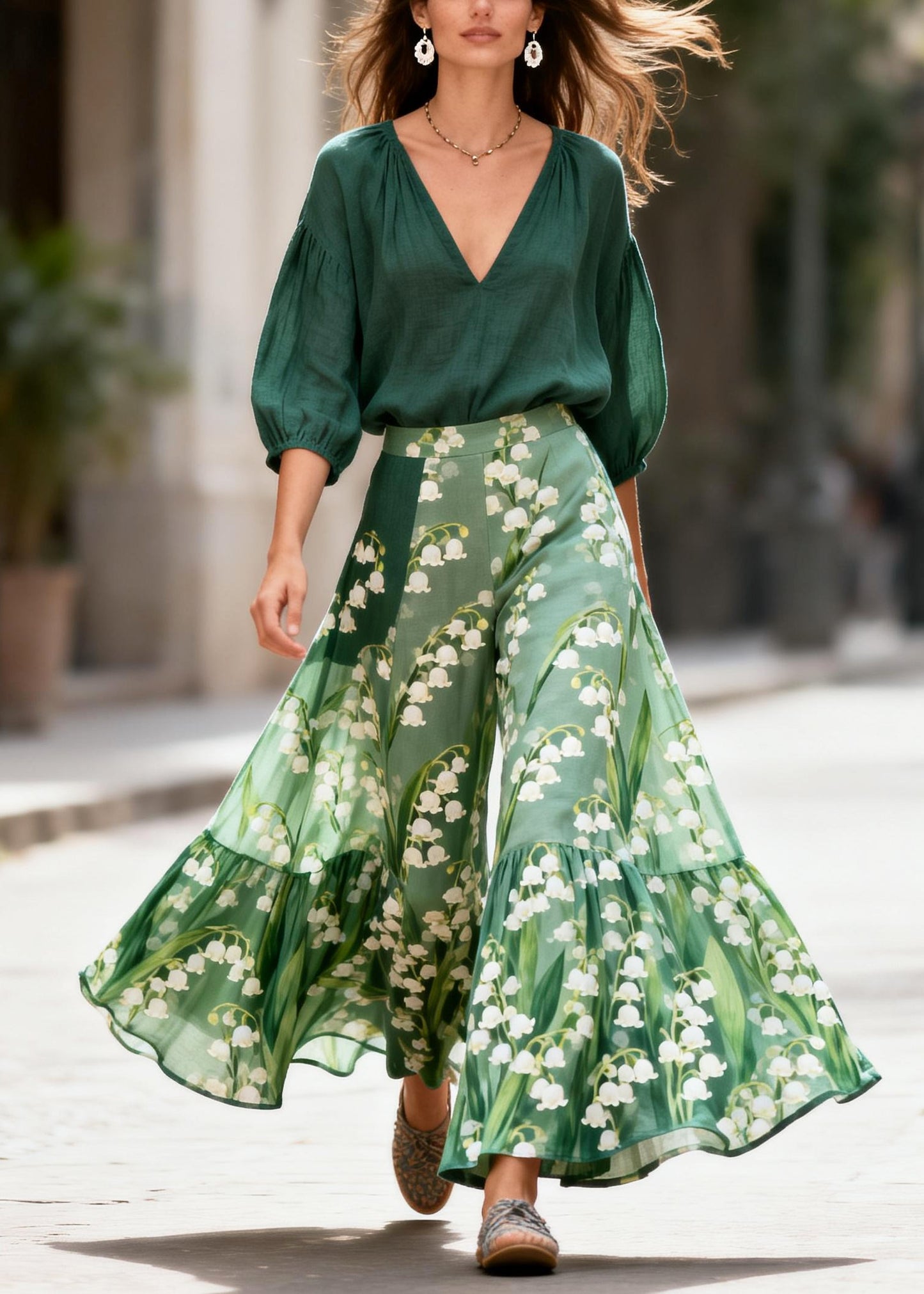 French Green Oversized Print Cotton Two Pieces Set Summer
