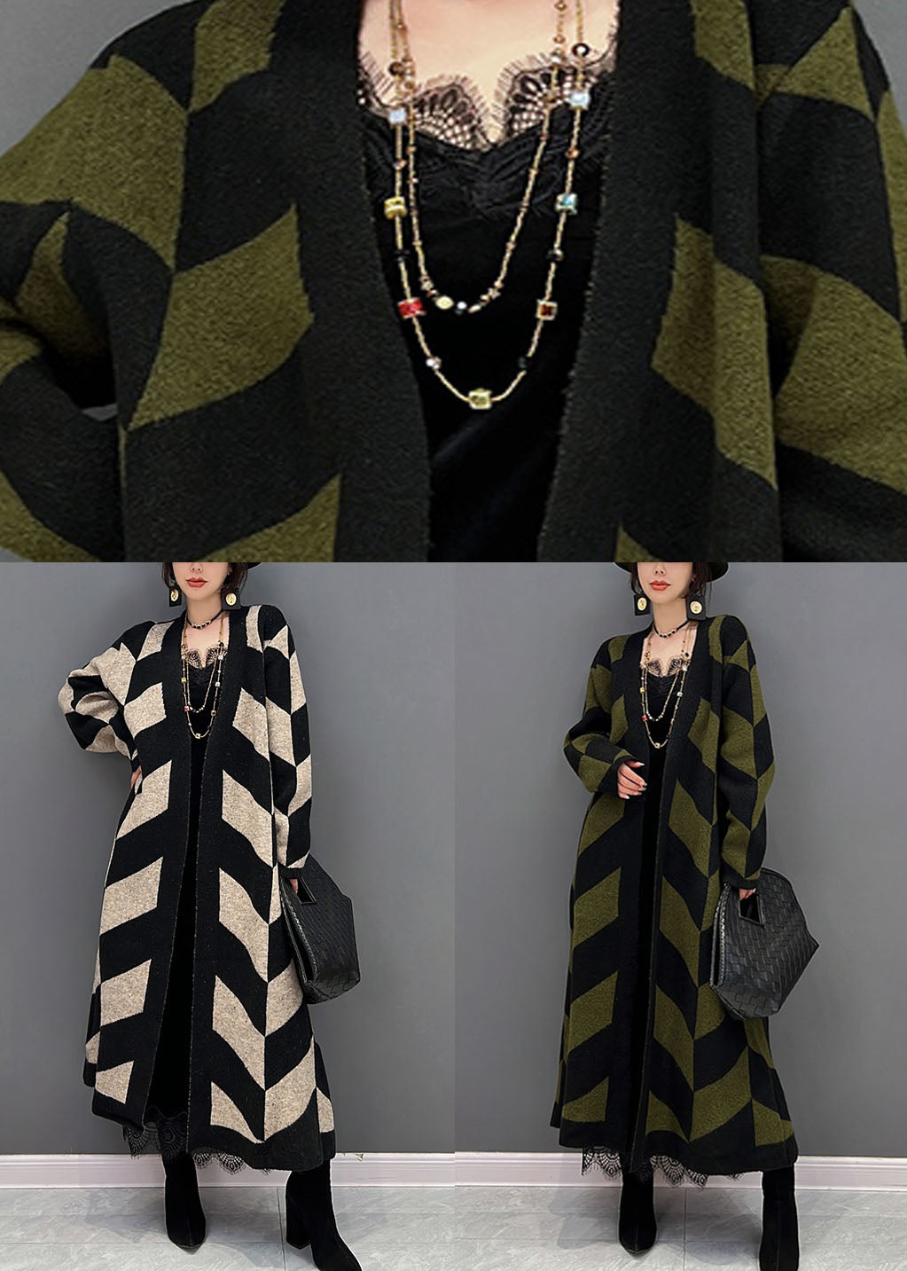 French Green Oversized Striped Thick Knit Long Cardigan Winter