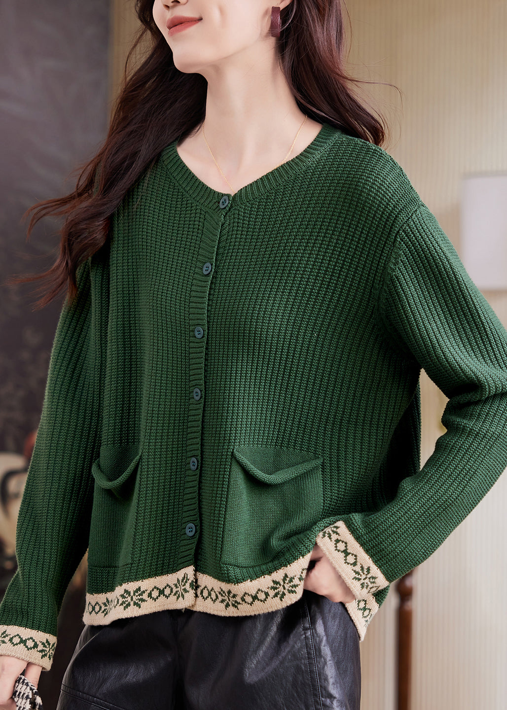 French Green Patchwork Button Cotton Knit Cardigan Flare Sleeve