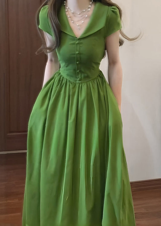 French Green Peter Pan Collar Patchwork Cotton Dresses Summer