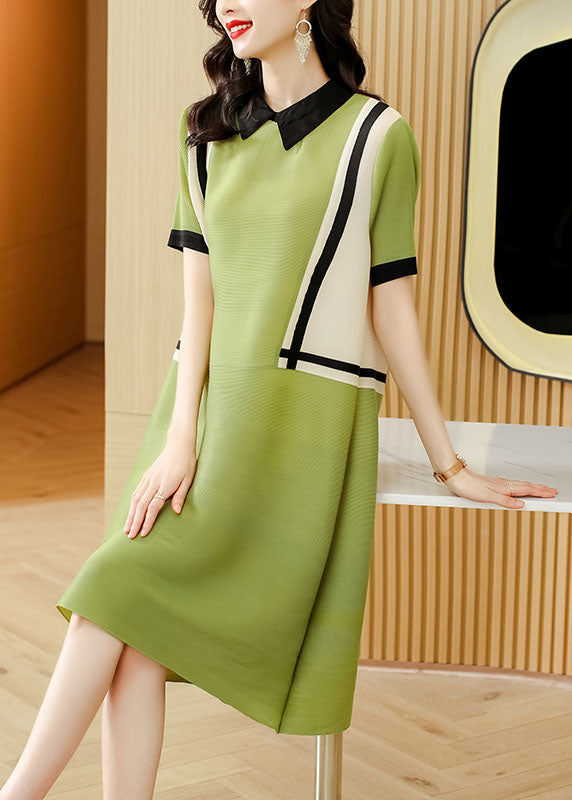 French Green Peter Pan Collar Patchwork 2025 Mid Dress Short Sleeve