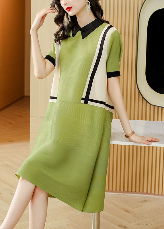 French Green Peter Pan Collar Patchwork 2025 Mid Dress Short Sleeve