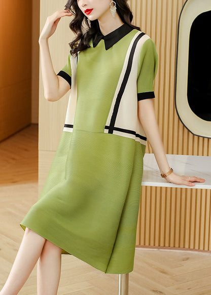 French Green Peter Pan Collar Patchwork 2025 Mid Dress Short Sleeve