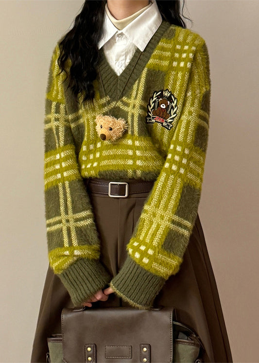 French Green Peter Pan Collar Plaid False Two Pieces Knit Sweater Spring