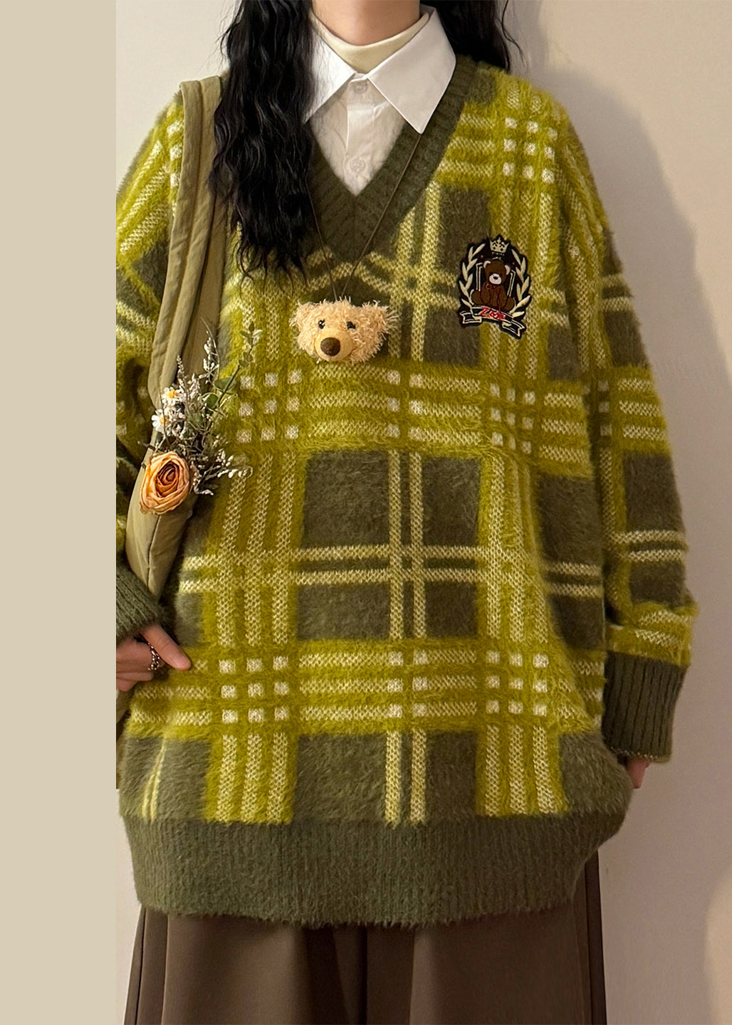 French Green Peter Pan Collar Plaid False Two Pieces Knit Sweater Spring