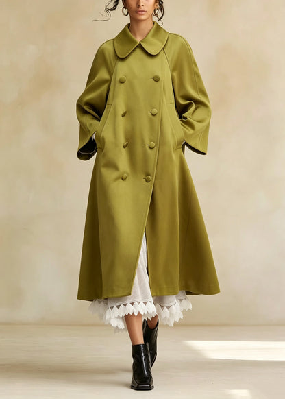 French Green Peter Pan Collar Pockets Double Breast Satin Trench Fall