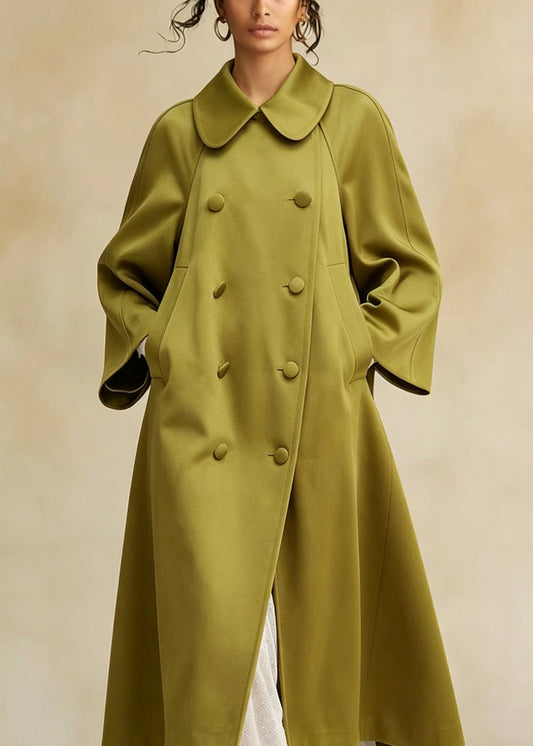 French Green Peter Pan Collar Pockets Double Breast Satin Trench Fall
