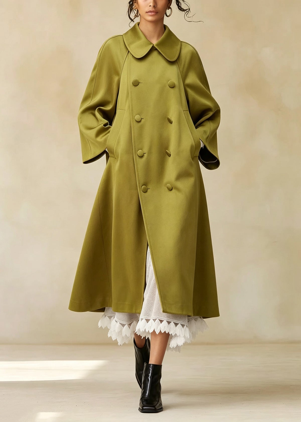 French Green Peter Pan Collar Pockets Double Breast Satin Trench Fall