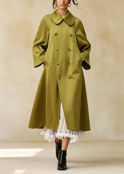 French Green Peter Pan Collar Pockets Double Breast Satin Trench Fall