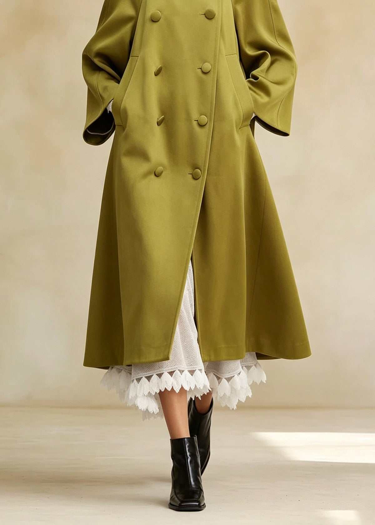 French Green Peter Pan Collar Pockets Double Breast Satin Trench Fall