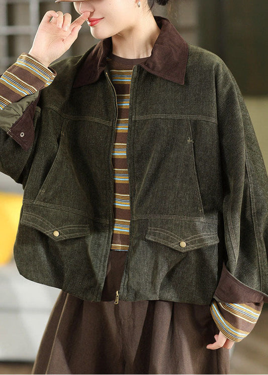 French Green Peter Pan Collar PocketsPatchwork Cotton Coat Fall