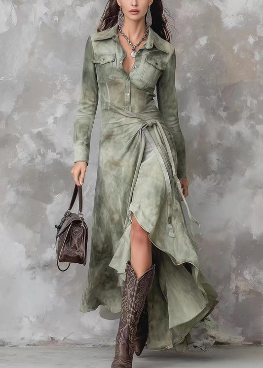 French Green Peter Pan Collar Tie Dye Lace Up Maxi Dresses Spring