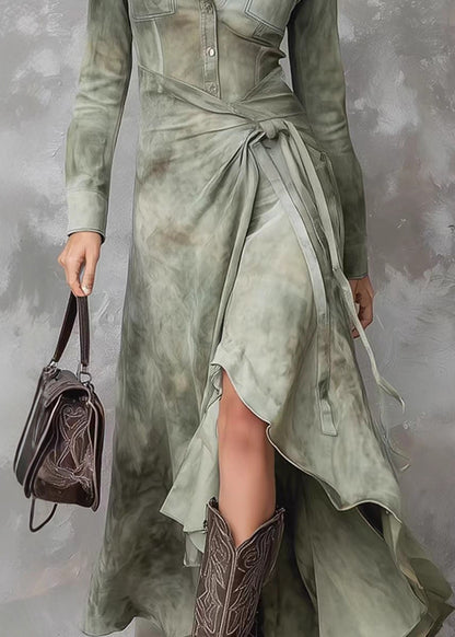 French Green Peter Pan Collar Tie Dye Lace Up Maxi Dresses Spring