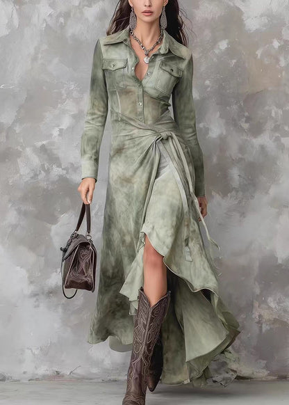 French Green Peter Pan Collar Tie Dye Lace Up Maxi Dresses Spring