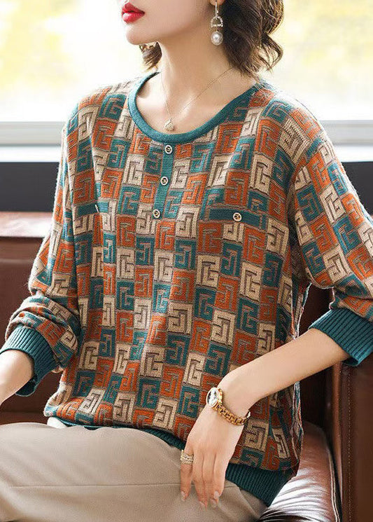 French Green Plaid Cozy Knit Sweater Fall