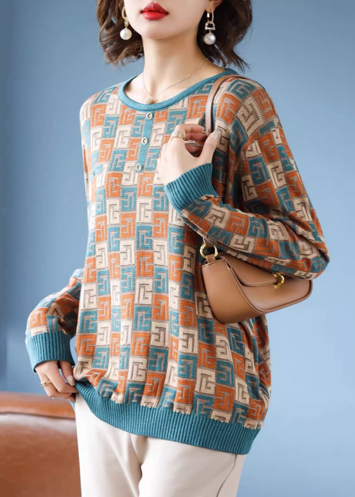 French Green Plaid Cozy Knit Sweater Fall